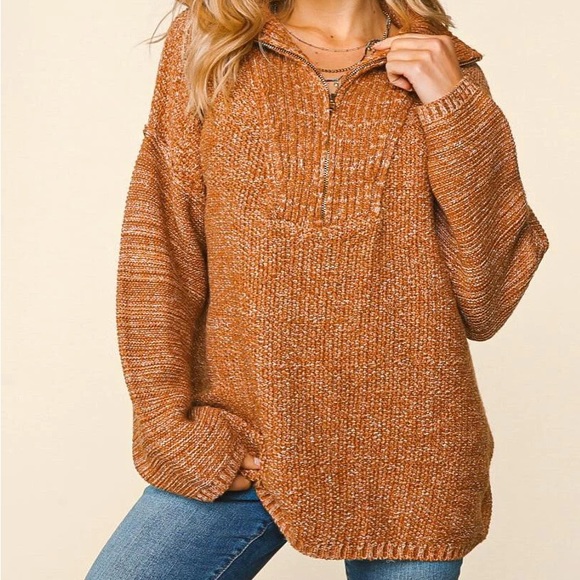 Plus Size Chestnut Brown Two-Tone Fall Half-Zip Pullover Knit Sweater, 1X-2X-3X - Picture 6 of 10